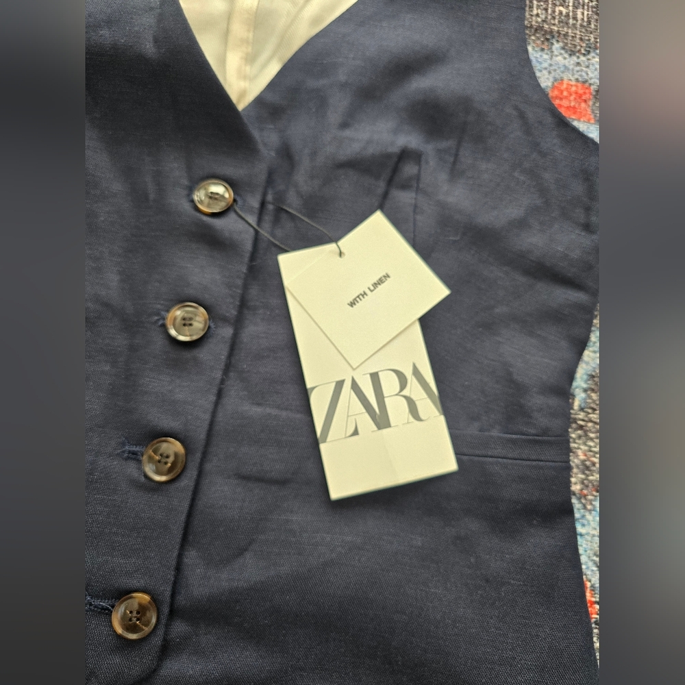 NWT ZARA Navy Blue Linen Vest - Picture 4 of 6